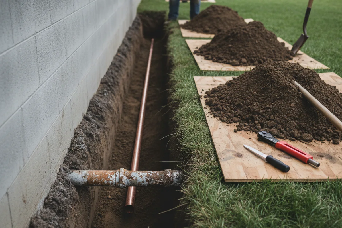 Excavated water line trench during Sewer Line Repair in Russellville